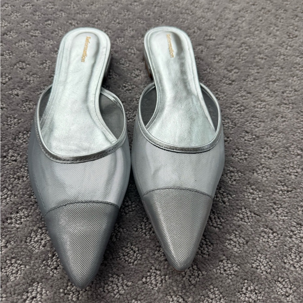 Reformation pointed toe mesh silver slide